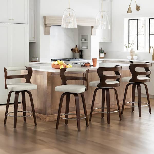 cozyman Arabela 26 in. Beige Gray Solid Wood Swivel Bar Stool Faux Leather Kitchen Counter Stool with Walnut Frame Set of 4