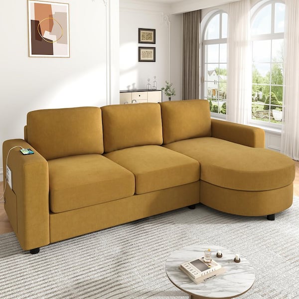 Ronald 84.6 in. Upholstered Chenille L-Shaped Sectional Sofa in Yellow with Chaise Lounge, USB Ports, Storage Pockets
