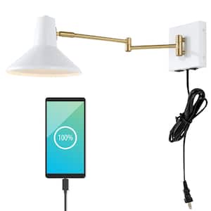 Hygge 16 in. Swing Arm 1-Light White/Brass Gold Modern Midcentury Iron USB Charging Port LED Wall Sconce