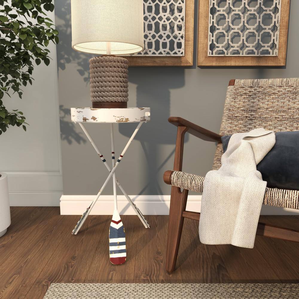 White Metal Ship Wheel Top Accent Table with Paddle Legs