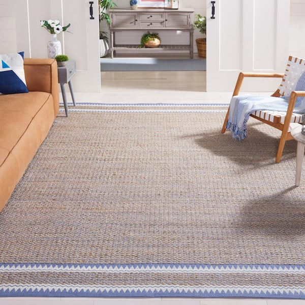 Natural Fiber Beige/Blue 6 ft. x 6 ft. Woven Border Square Area Rug