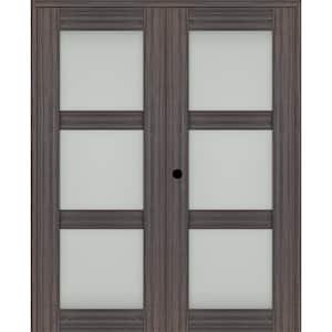 Paola 72 in. x 80 in. Right-Hand Active 3-Lite Frosted Glass Gray Oak Wood Composite Double Prehung French Door