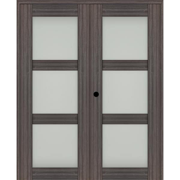 Belldinni Paola 72 in. x 96 in. Right Hand Active 3-Lite Frosted Glass Gray Oak Wood Composite Double Prehung French Door