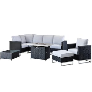 Mille Lacs Black 9-Piece Wicker Outdoor Patio Conversation Sectional Sofa Set with a Fire Pit and Dark Grey Cushions