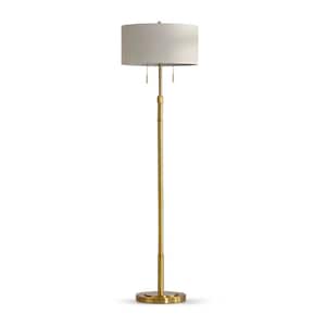 Grande 68 in. Brushed Brass 2-Lights Adjustable Height Standard Floor Lamp with Drum Tan Shade