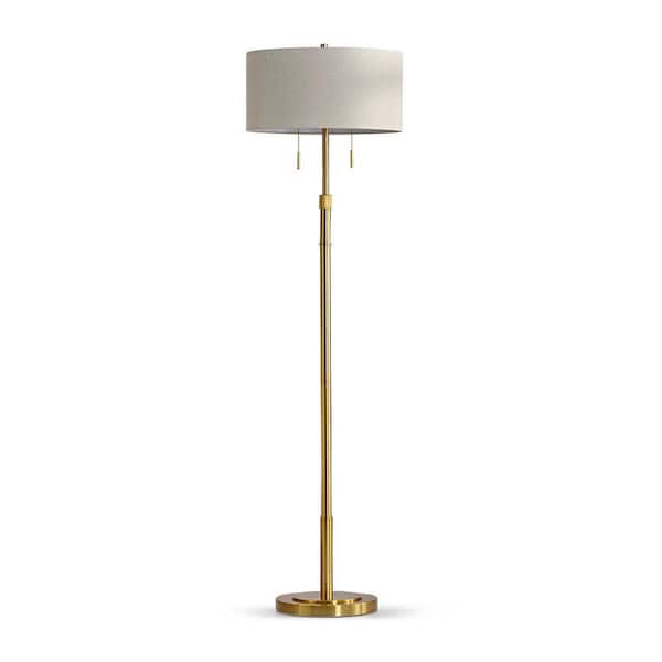 HomeGlam Grande 68 in. Brushed Brass 2-Lights Adjustable Height Standard Floor Lamp with Drum Tan Shade