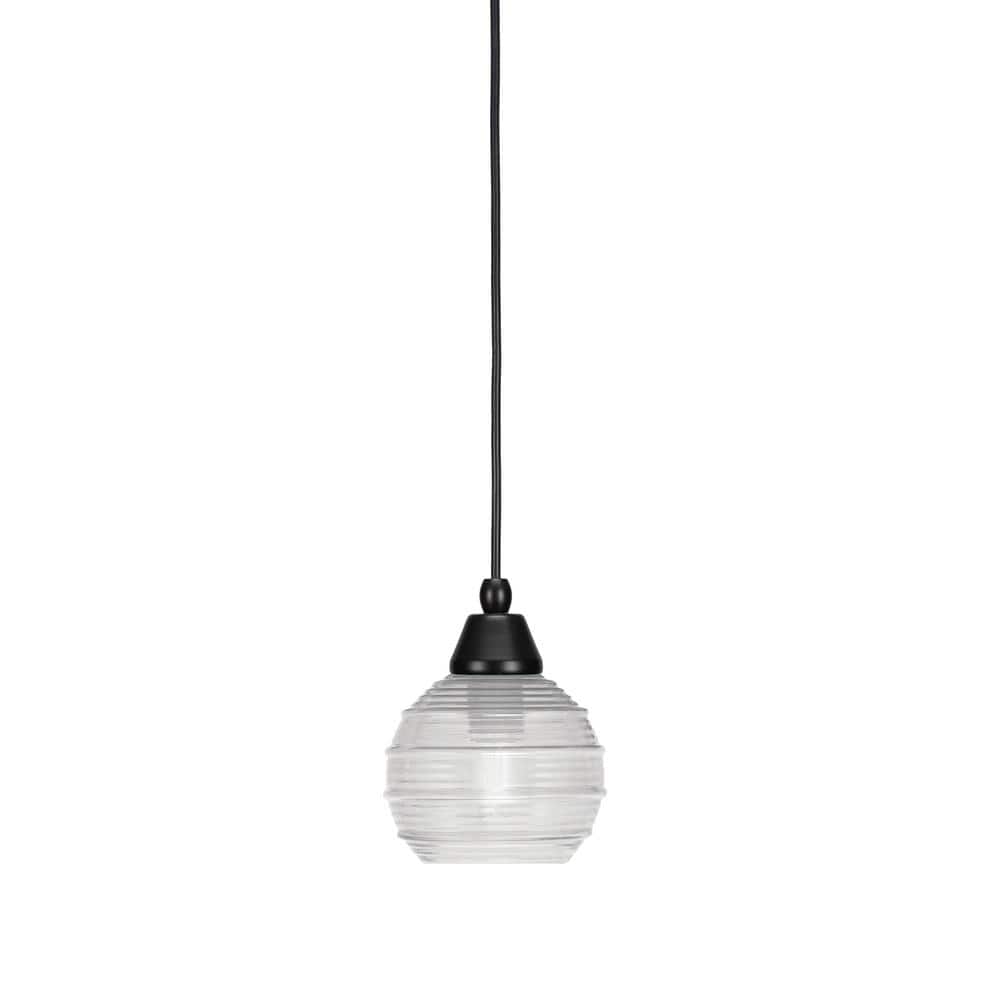 Bryson 6 in. 1-Light Matte Black Cord Pendant Light with 6 in. Clear Ribbed