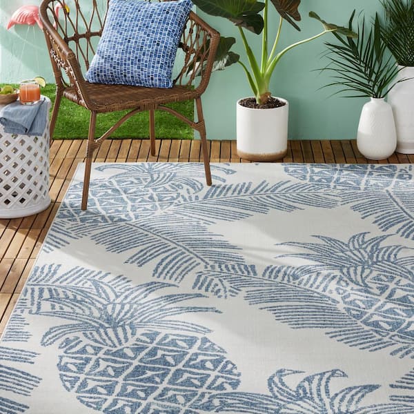 Malibu Pineapple Ivory/Navy 8 ft. x 10 ft. Indoor/Outdoor Area Rug