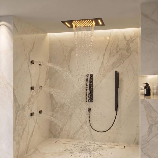 Thermostatic 15-Spray LED 23 x 15 in. Ceiling Mount Dual and Handheld Shower 2.5 GPM with Slider Bar in Matte Black
