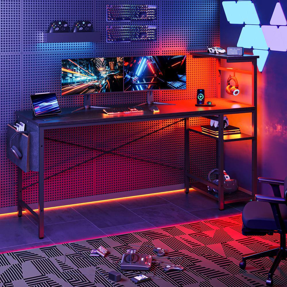 Black Wood Gaming Desk with Power Outlet and Headphone Hook