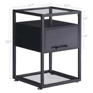 Black End Table with Flip Drawer, Open Storage Shelf, Tempered Glass Night Stands 23.6 in. H x 15.7 in. W x 15.7 in. D