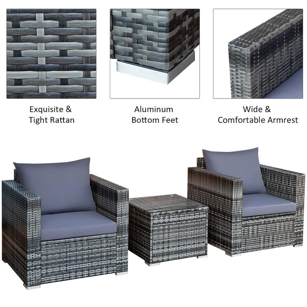 Gray Wicker 3-Piece Outdoor Patio Set with Cushions