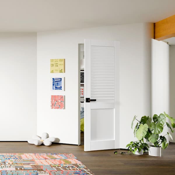 32 in. x 80 in. Half Louvered Panel, Composite, MDF, White Primed Interior Door Slab With Black Lever Handle