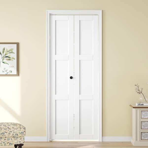 32 in. x 80 in. 3-Lite Solid Core Panel White Finished MDF Wood Bi-Fold Door with Hardware