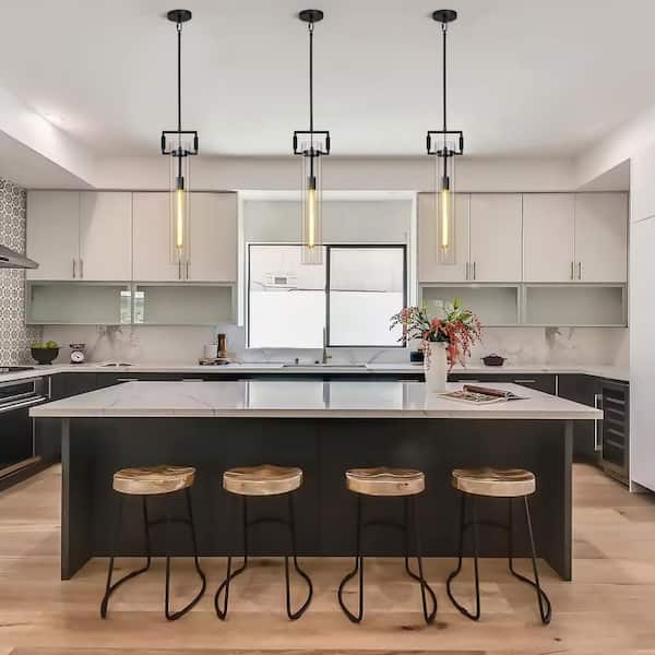 21.6 in. Modern 1-Light Black Kitchen Island Pendant Light, Glass Pendant Light for Living Room, Dining Room (2-Pack)