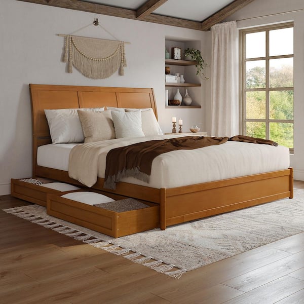 AFI Andorra Light Toffee Natural Bronze Solid Wood Frame King Platform Bed with Panel Footboard and Storage-Drawers