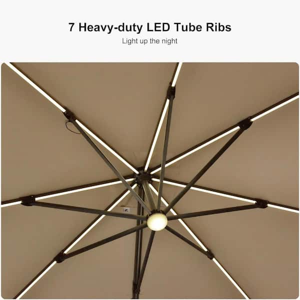 10 ft. Square Aluminum Cantilever Solar Powered LED Offset 360° Rotation Umbrella with Base, Beige