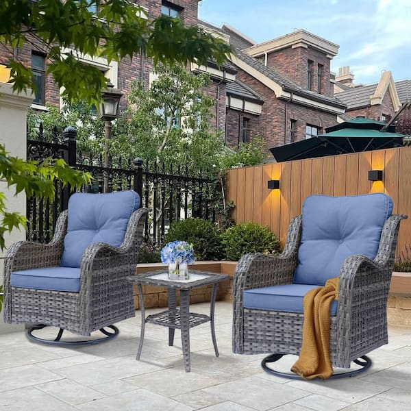Gray 3-Piece Wicker Rattan Outdoor Patio Swivel Rocking Chair Set with Denim Blue Cushions and Side Table