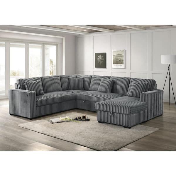 Jeniel 95 in W. Straight Arm 3-Piece Velvet Corduroy L-Shape Sectional Sofa in Grey Color