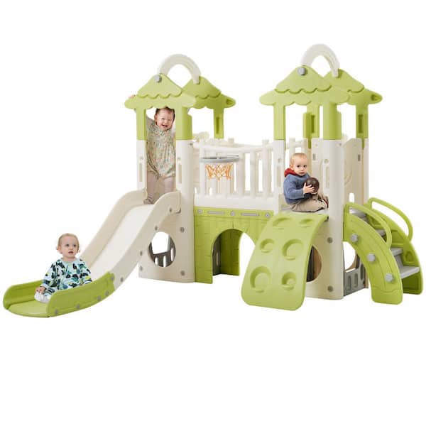 TIRAMISUBEST 8-in-1 Toddler Climber Slide Set: Freestanding Indoor/Outdoor Playset with Hoop for Ages 1 Plus Green