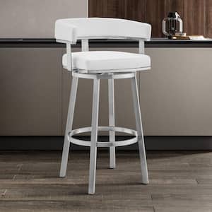 Cohen 30 in. Low Back White Faux Leather and Brushed Stainless Steel Swivel Bar Stool