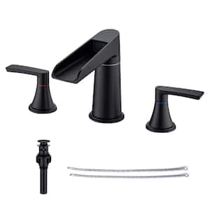 Waterfall 8 in. Widespread Double Handle Bathroom Faucet with Drain Assembly in Matte Black