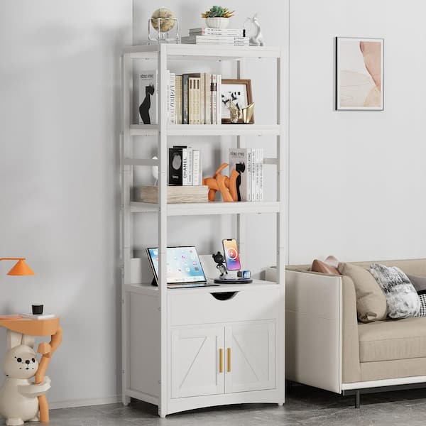 VECELO Kitchen Pantry Cabinet White Size 2 MDF 23.62 in. Buffet with Charging Station Microwave Stand with Drawer and Shelves