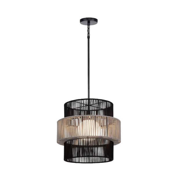 Eurofase Aden 20.5 in. 1-Light Black Dimmable Outdoor Pendant Light with Grey Rope Shade