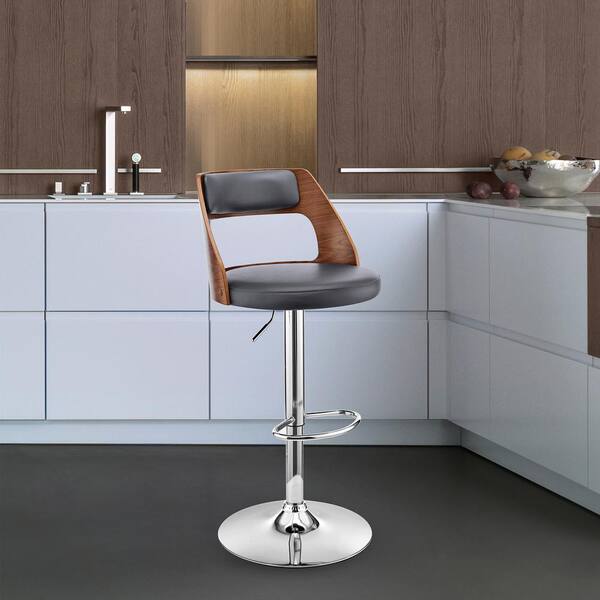 Armen Living Itzan Adjustable 25-33 in. Seat Height Low Back Swivel Grey Faux Leather/Walnut Wood Bar Stool Chrome Base 43 in. Height