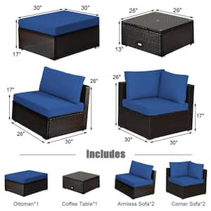 6-Piece Wicker Outdoor Patio Conversation Set Rattan Furniture Set with Blue Cushions, Ottoman and Coffee Table