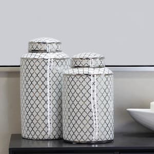 Silver Ceramic Geometric Decorative Jars with Silver accents (Set of 2)