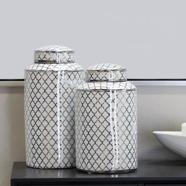 Novogratz Silver Ceramic Geometric Decorative Jars with Silver accents (Set of 2)