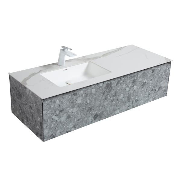BATHLYN Terazzo Grey 53 in. W x 20.7 in. D x 13.8 in. H Single Sink Bath Vanity in Stone Grain Grey with White Resin Top