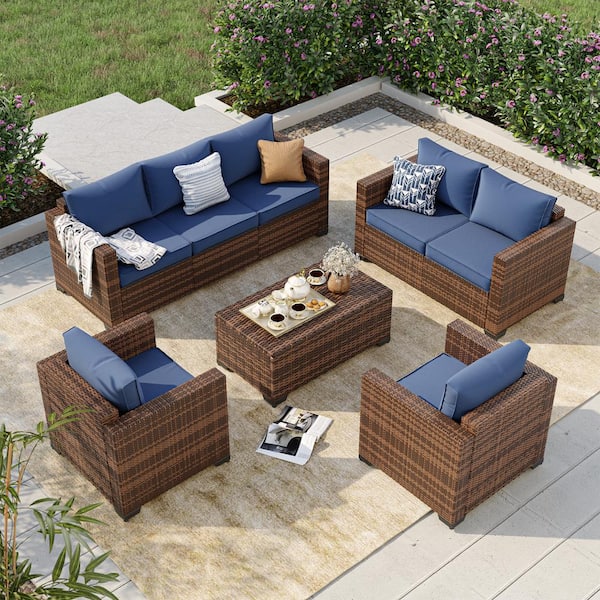 7 Seat 5-Piece Rattan Wicker Outdoor Patio Conversation Deep Seating Sofa Set with Blue Cushions, Loveseat, Storage Box