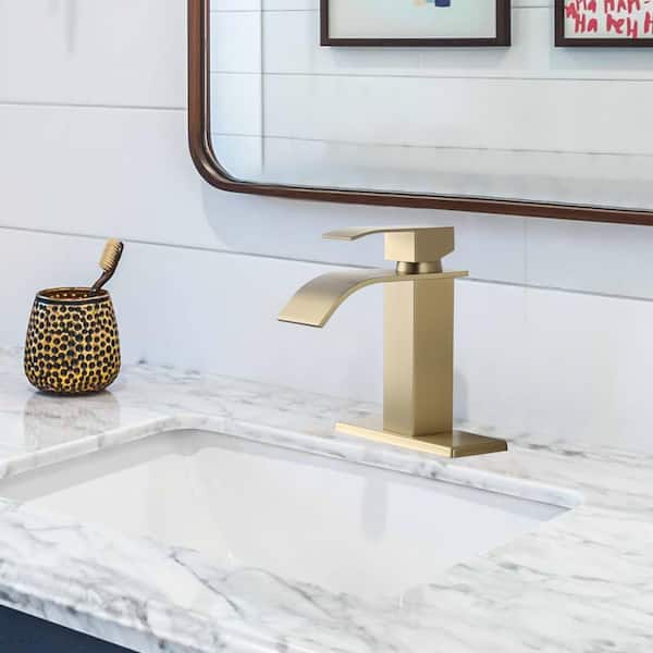 Modern Single Handle Bathroom Sink Faucet, Single Hole Basin Faucet with Deckplate and Supply Lines in Brushed Gold