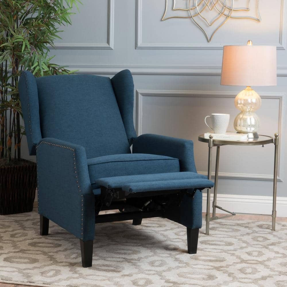 Navy Blue Handcrafted Wood Wing Chair Recliner