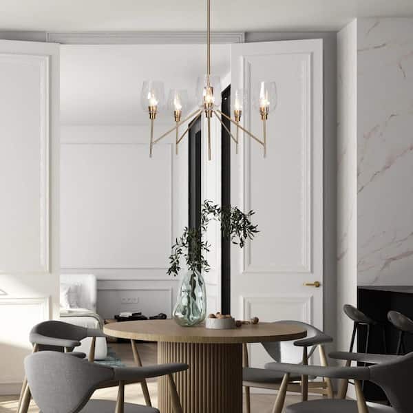 Transitional Dining Room Candlestick Chandelier 5-Light Plating Brass Chandelier with Textured Glass Shades
