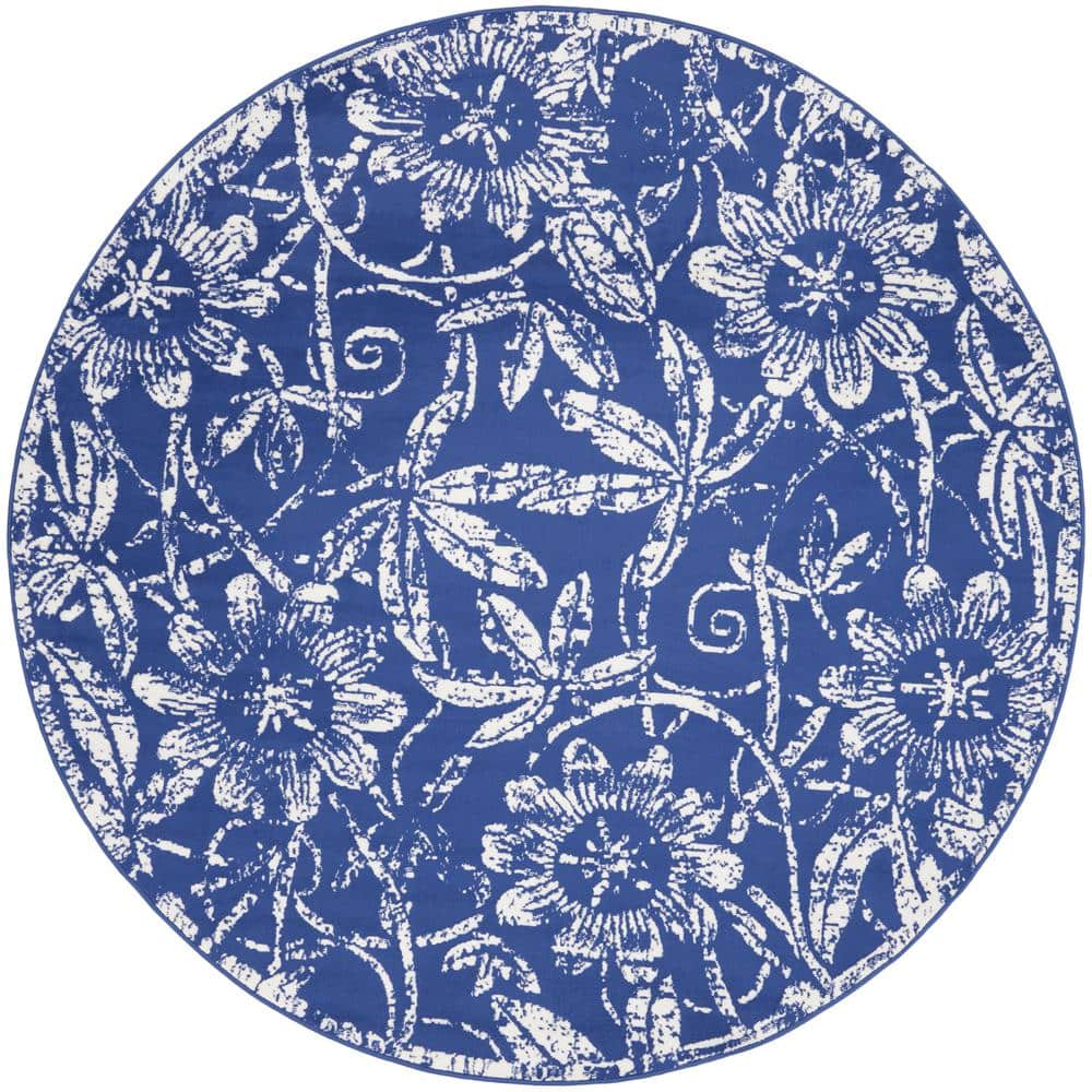 Nourison Whimsicle Navy 8 ft. x 8 ft. Floral Contemporary Round Area ...