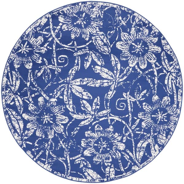 Nourison Whimsicle Navy 8 ft. x 8 ft. Floral Contemporary Round Area Rug