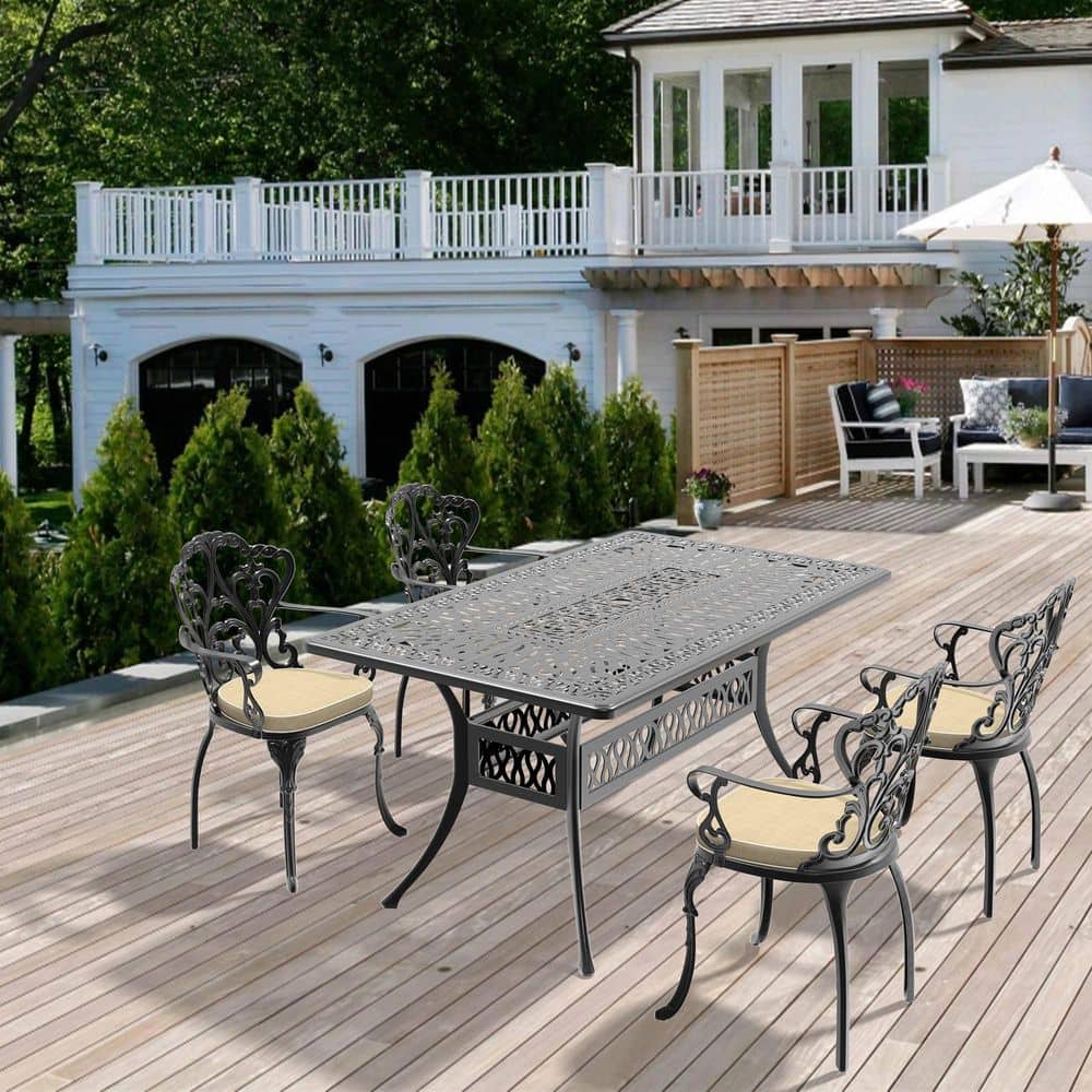 Black 5-Piece Cast Aluminum Rectangular Outdoor Dining Set with Off-White All-Weather Cushions price history on PriceWatchPro