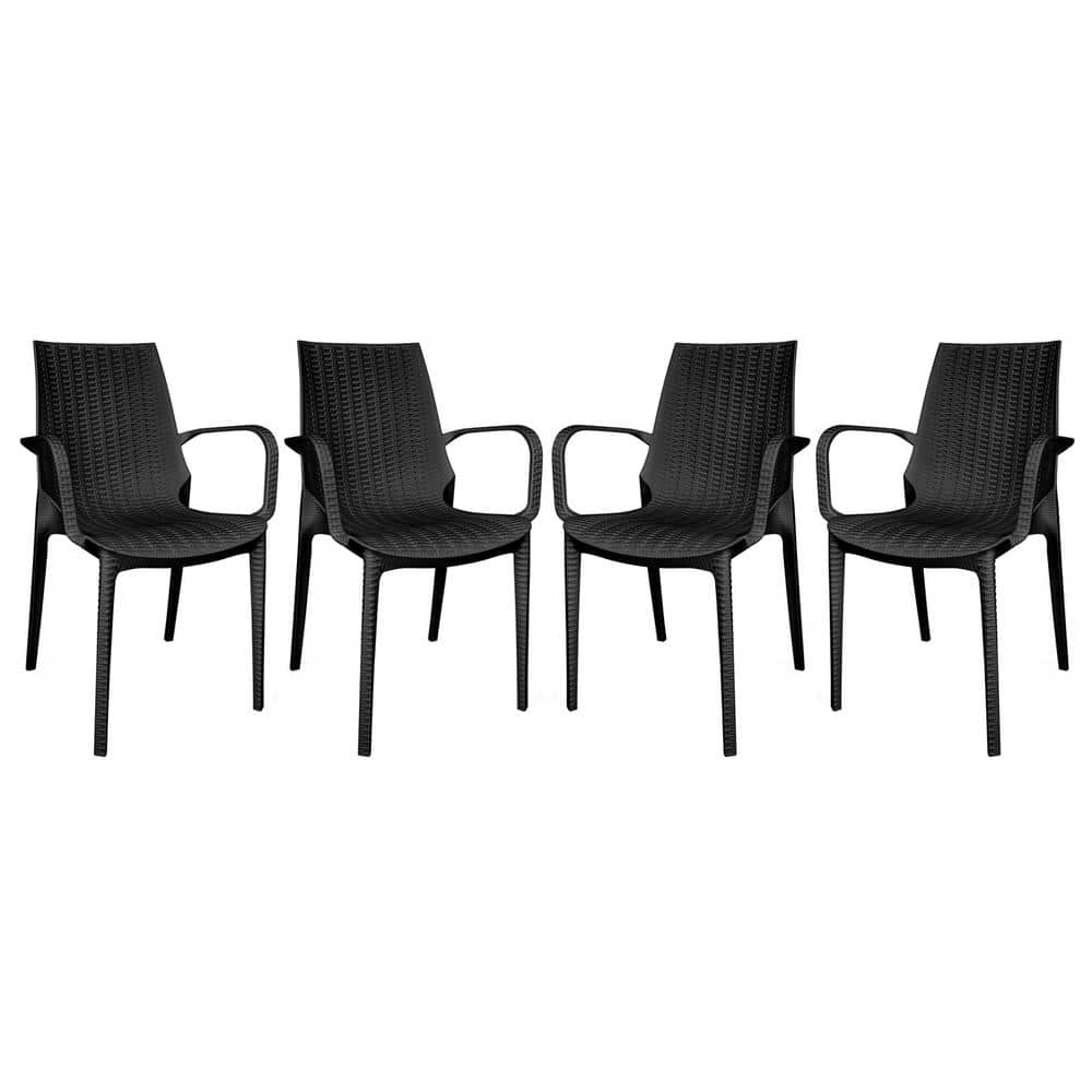 Leisuremod Kent Plastic Outdoor Dining Arm Chair in Black (Set of 4