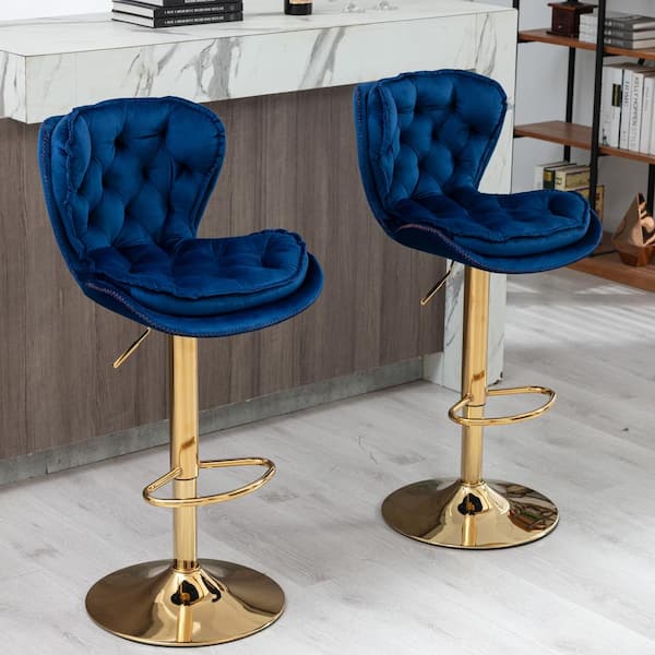 Unbranded 42 in. Blue High Back Wood Modern Fabric Faux Leather Bar Stool