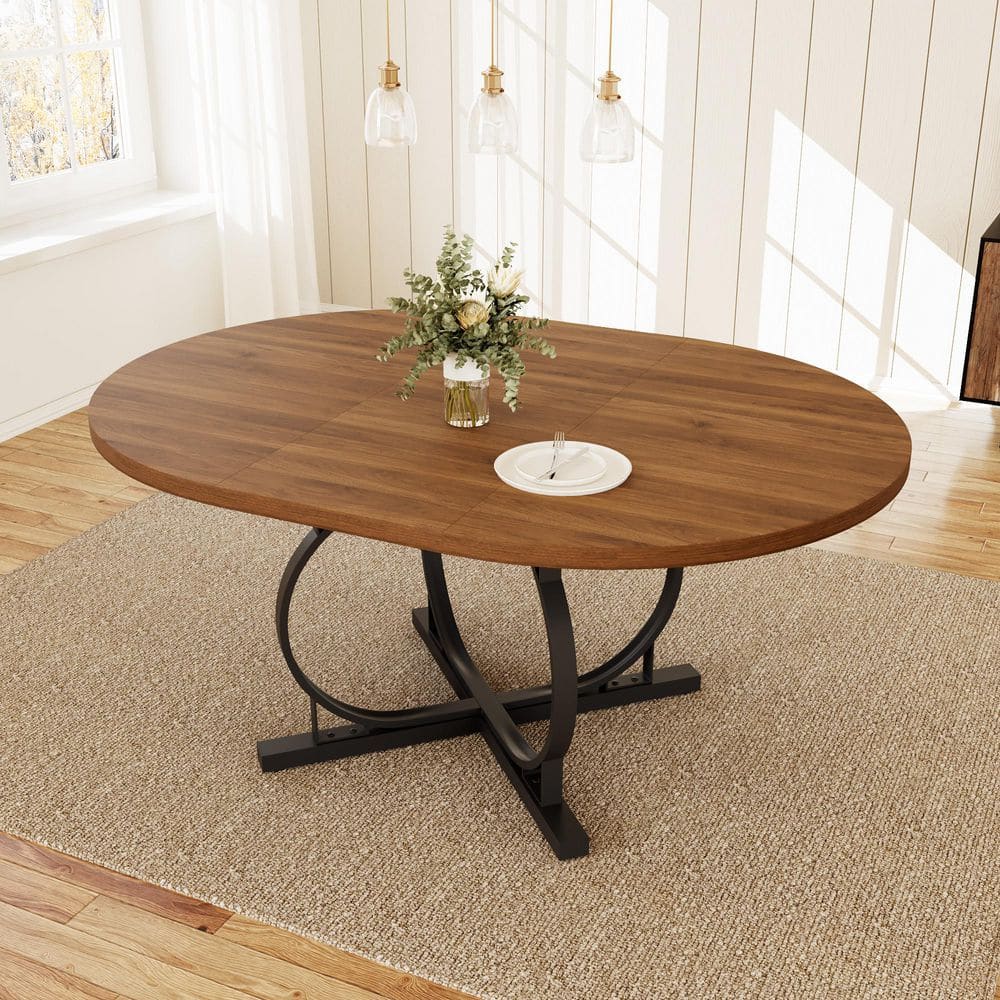 59 in. Modern Walnut MDF Metal Legs Extendable Dining Table Round Kitchen Table for 4-6 People