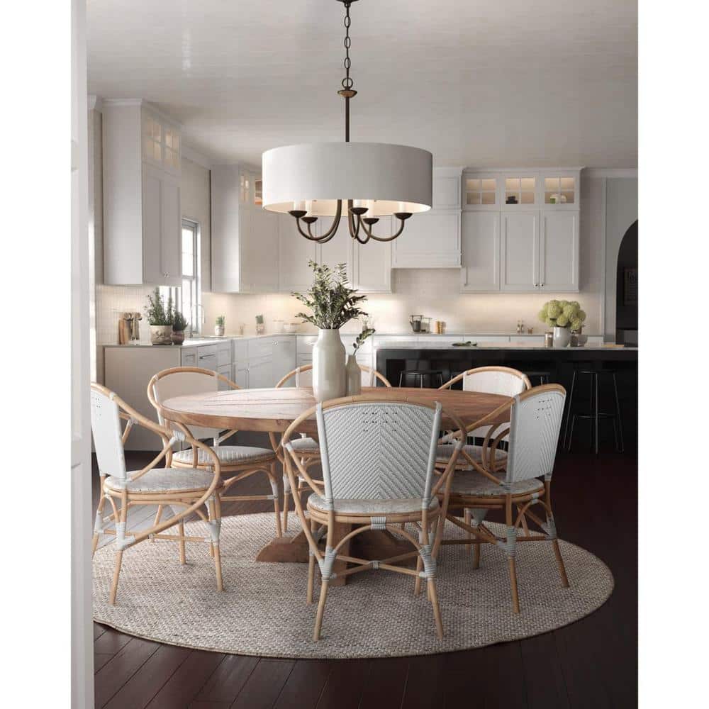 Antique Bronze Drum Shade 5-Light Pendant with White Linen