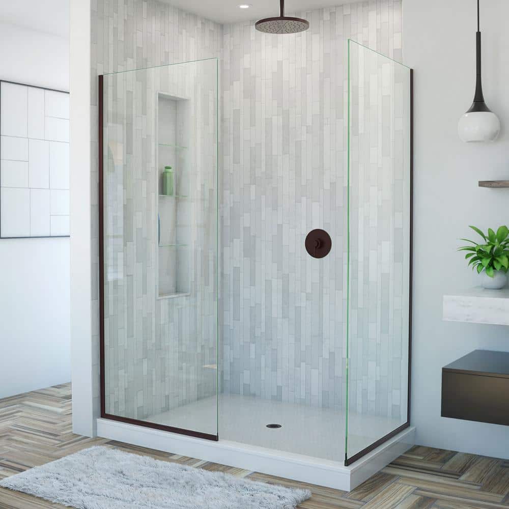 Linea 34" Frameless Clear Glass Shower Panel with Bronze Hardware