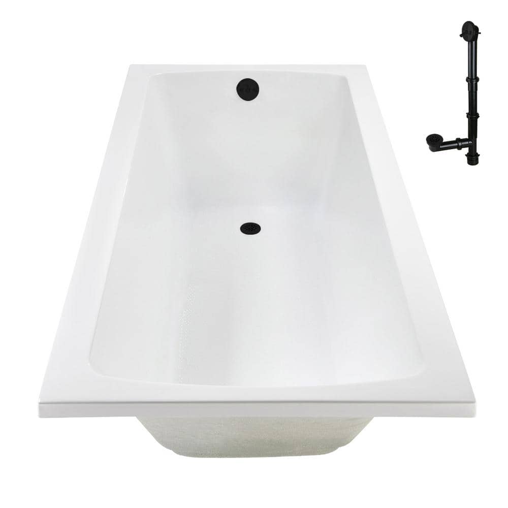66" Glossy White Acrylic Soaking Drop-In Bathtub with Matte Black Trim