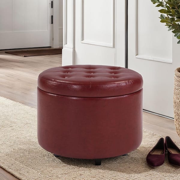 Designs4Comfort Burgundy Faux Leather Round Shoe Storage Ottoman