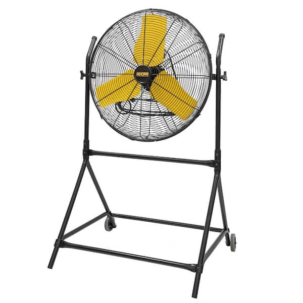 HICFM 24 in. Yellow 7900 CFM Roll-About Tilt Pedestal Fan, Ball Bearing, 2/5 HP Motor, 180° Tilt, Wheels - UL Listed