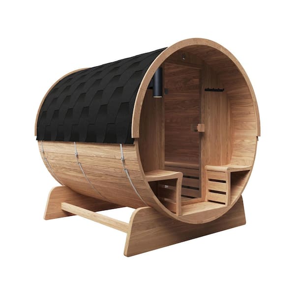 4-Person Electric Heater Outdoor Cedar Barrel Steam Sauna Front Porch Canopy - ETL Certified