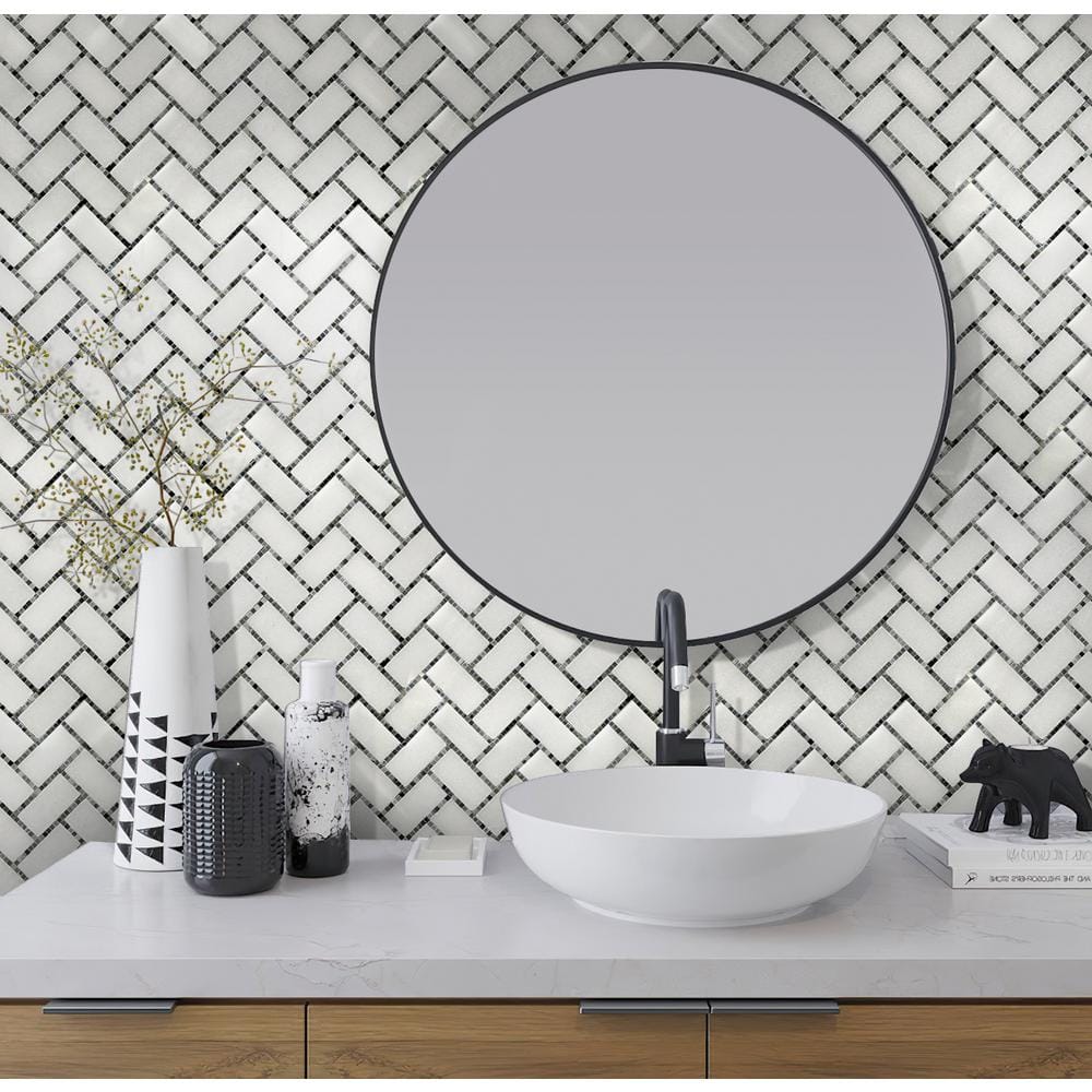 White and Gray Polished Herringbone Marble Mosaic Tile